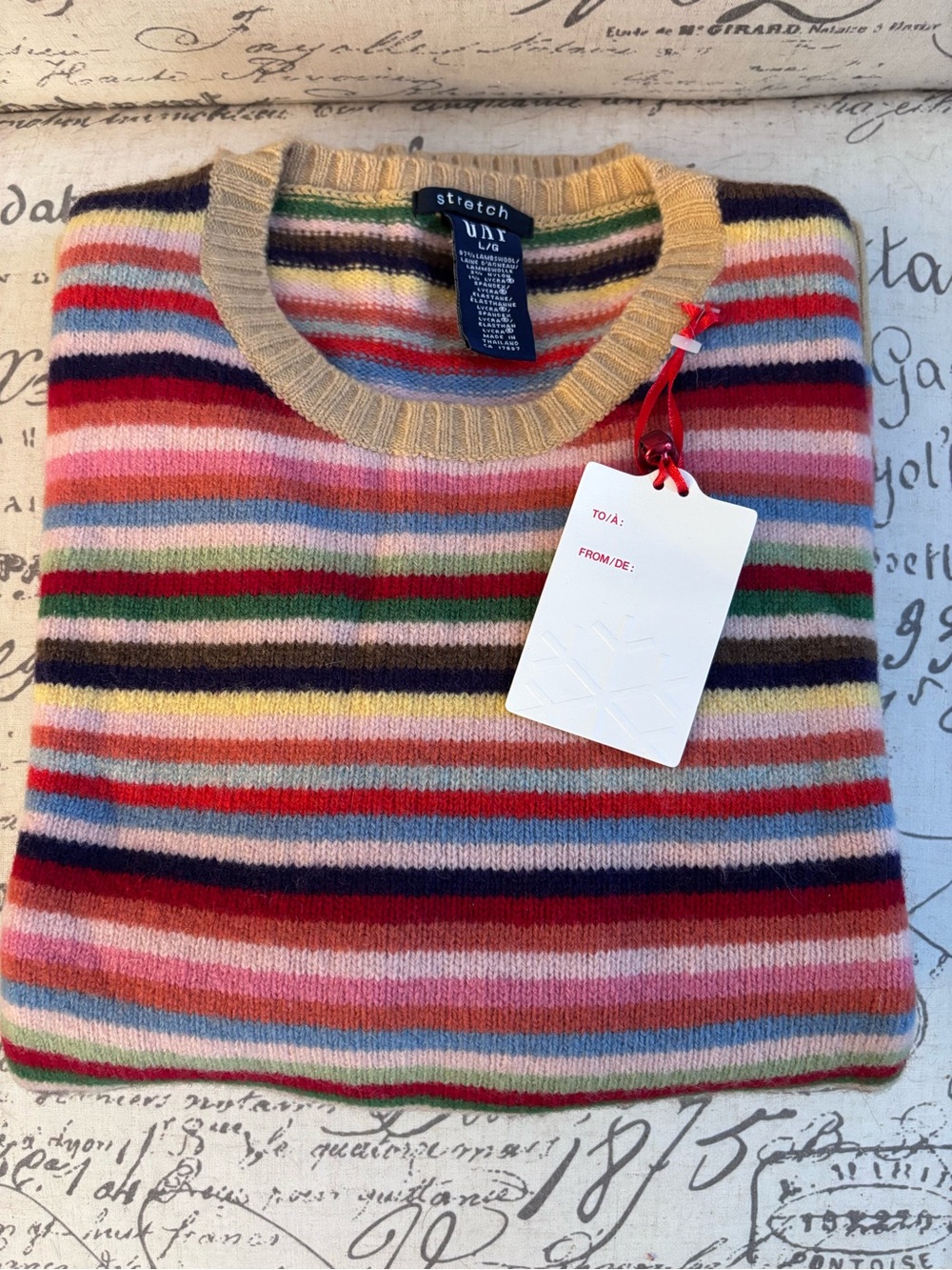 GAP Multicolor “Crazy Striped” Crewneck Sweater with Beige Trim